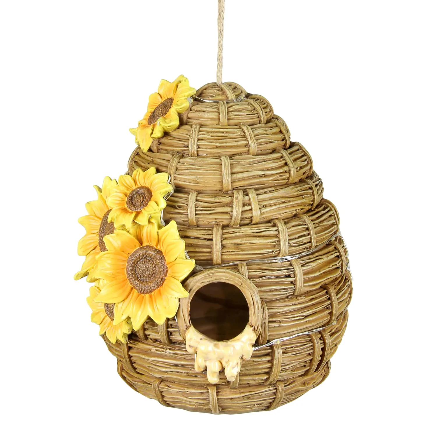 Solar Sunflower Hand Painted Bee Hive Hanging Bird House, 7 by 8 Inches