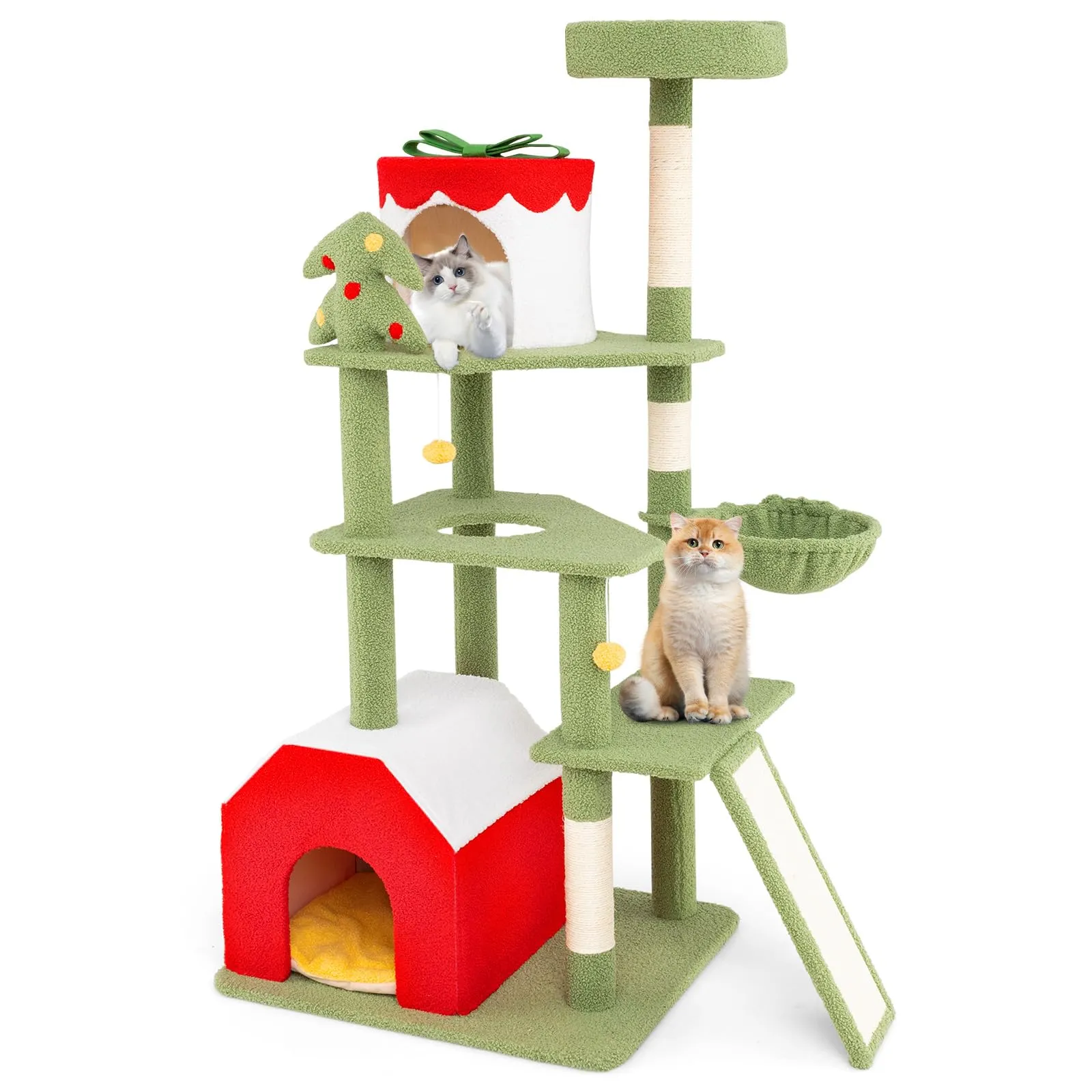 Tangkula Christmas Cat Tree, 61” Tall Cat Tower with Sisal Scratching Posts & Climbing Ladder