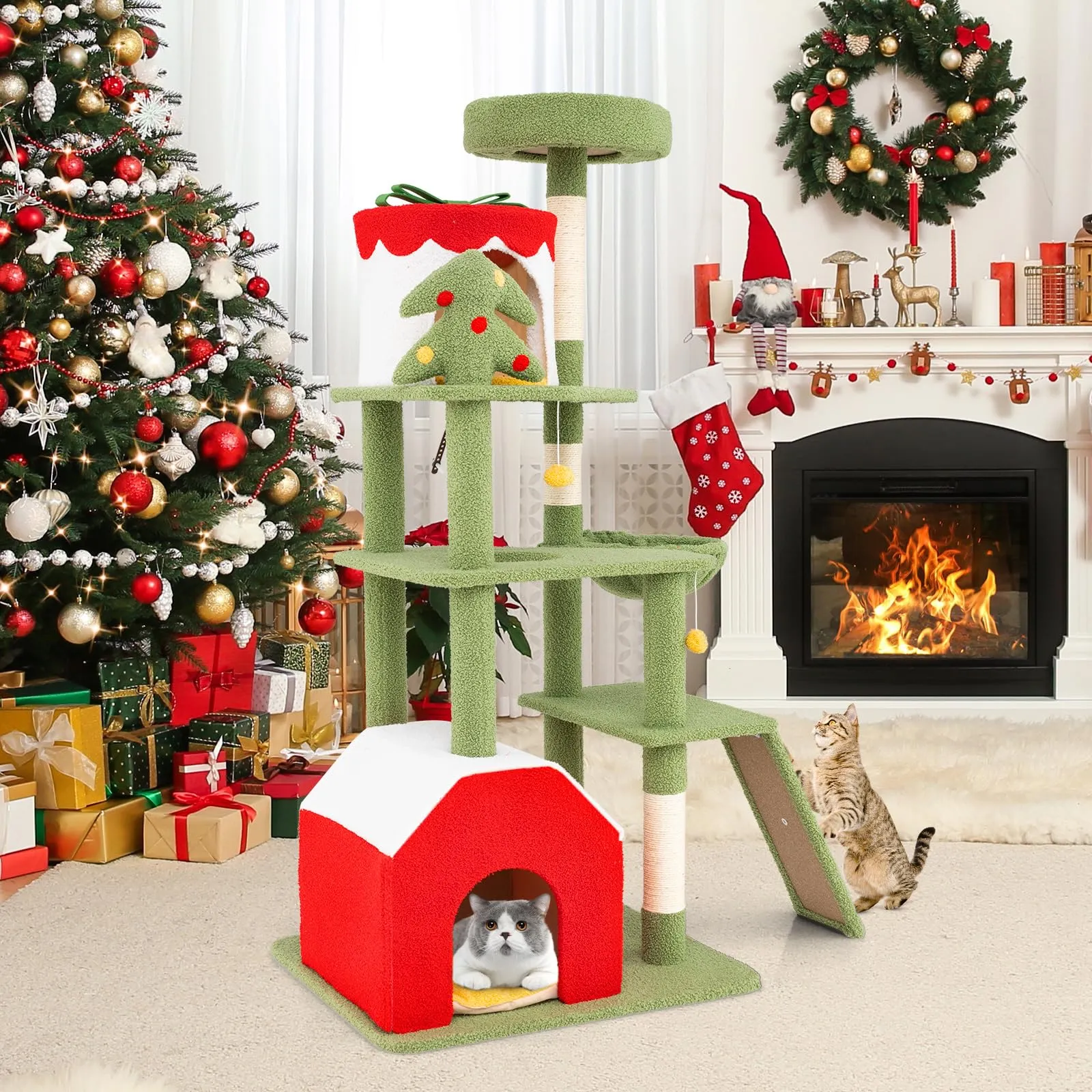 Tangkula Christmas Cat Tree, 61” Tall Cat Tower with Sisal Scratching Posts & Climbing Ladder