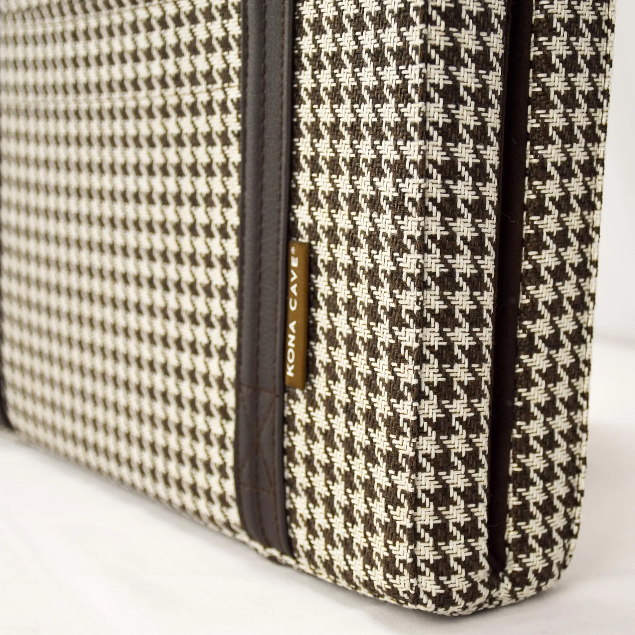 Travel Dog Bed - Brown and White Houndstooth with Ultra-Suede Lining