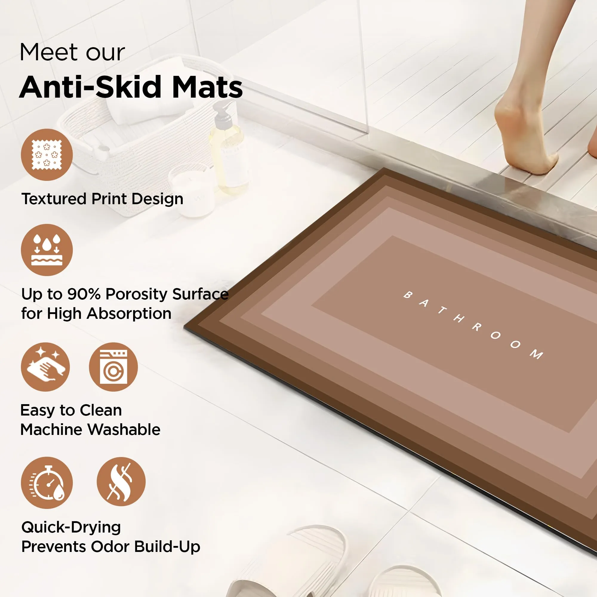 UMAI Polyester Rubber Bathroom Mat (40 * 60cm) Bath Mat | Anti Skid Mat for Bathroom Floor | Bathroom Accessories | Bathroom Mats Water Soak | Non Slip Mat for Bathroom | Floor Mat- Gradient Brown