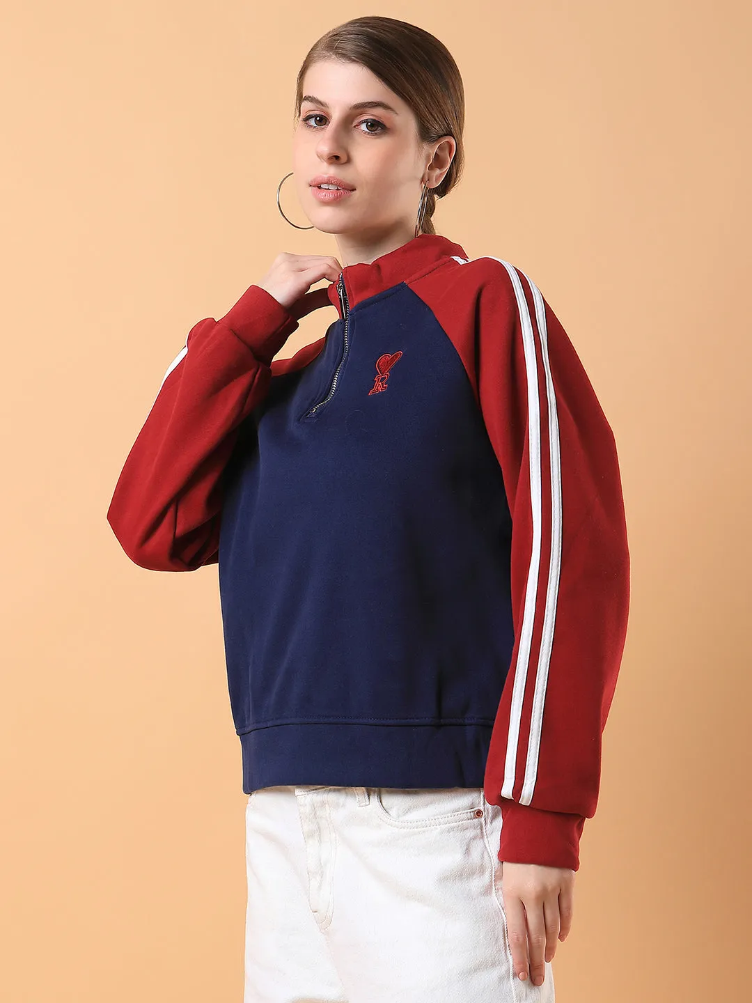 Women Colourblocked Navy Blue Drop Shoulder Pullover