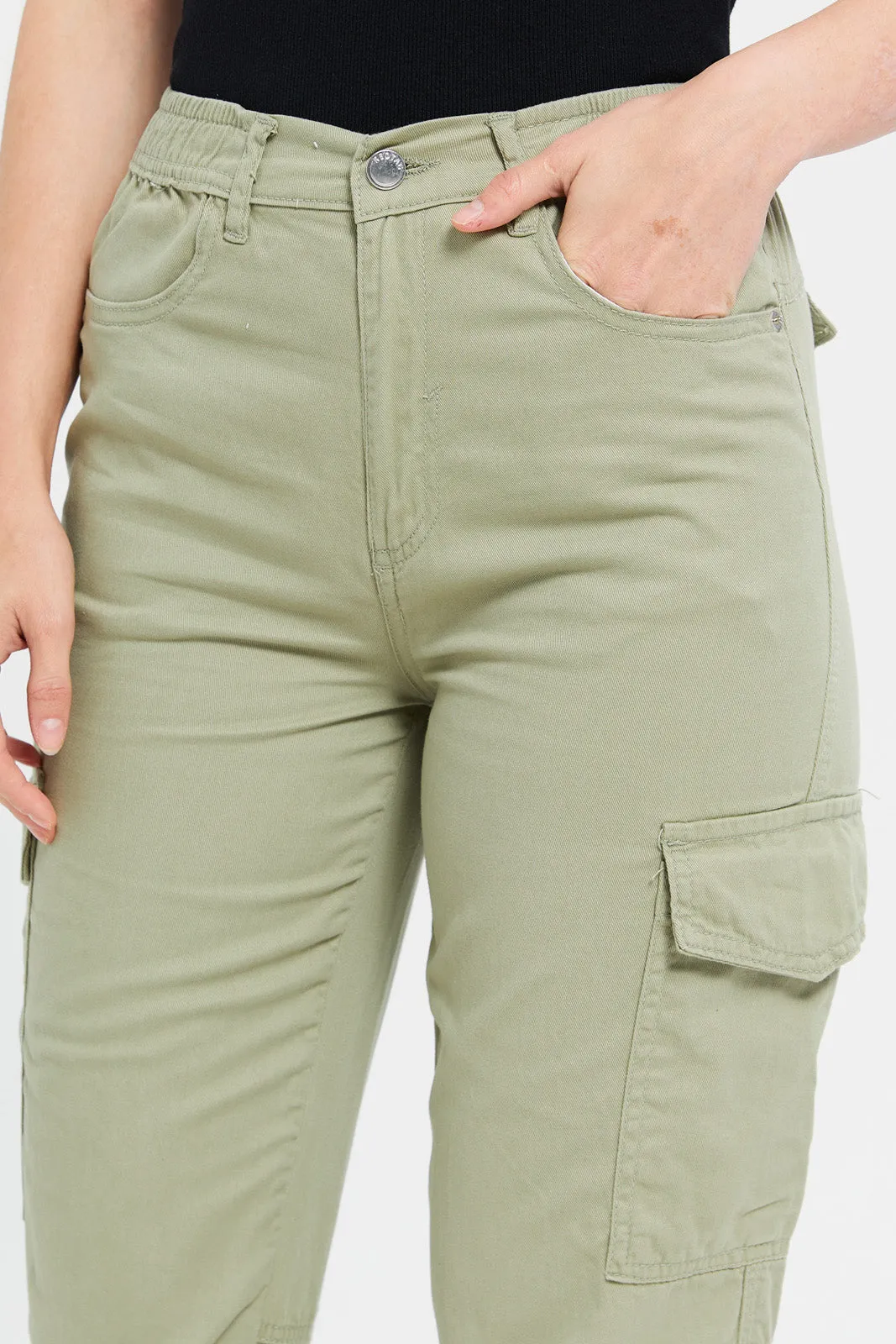 Women Green Mid Waist Cargo Pants