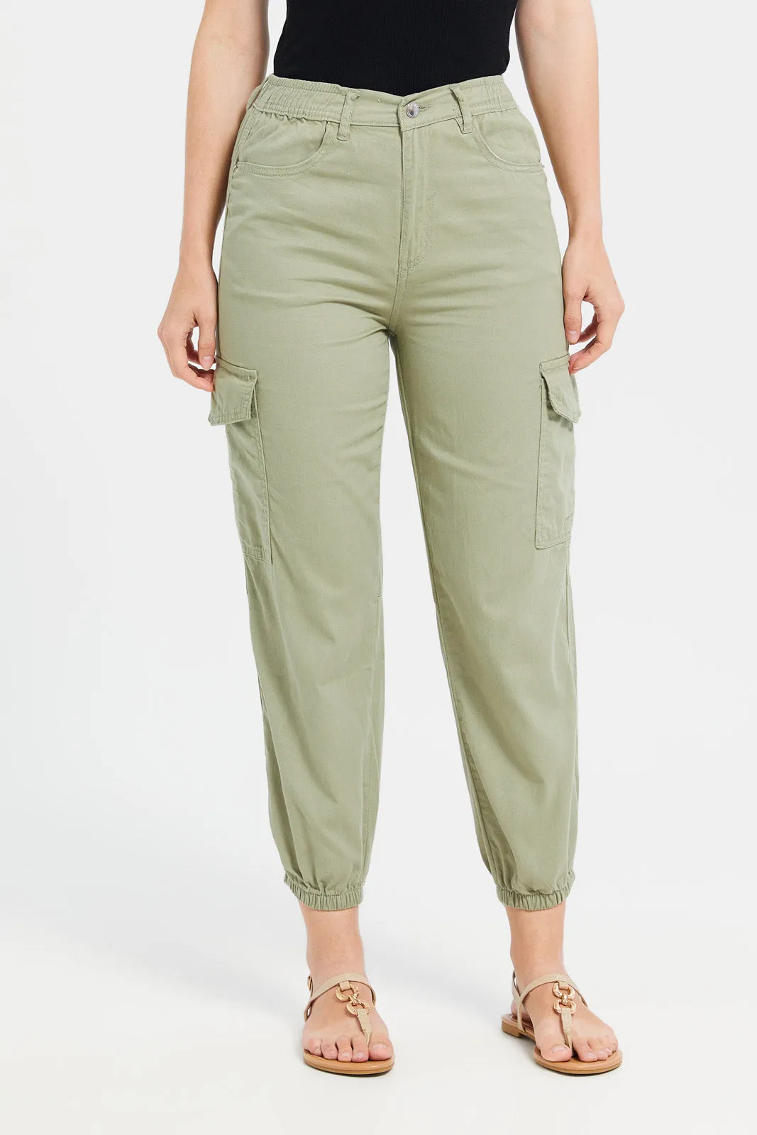 Women Green Mid Waist Cargo Pants