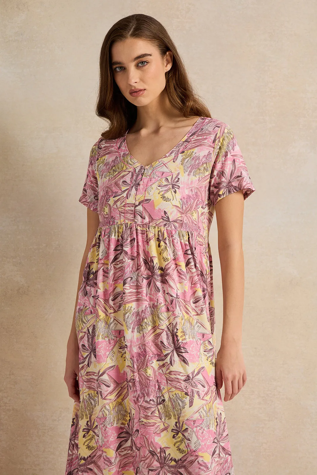 Women Pink Floral Printed Nightgown